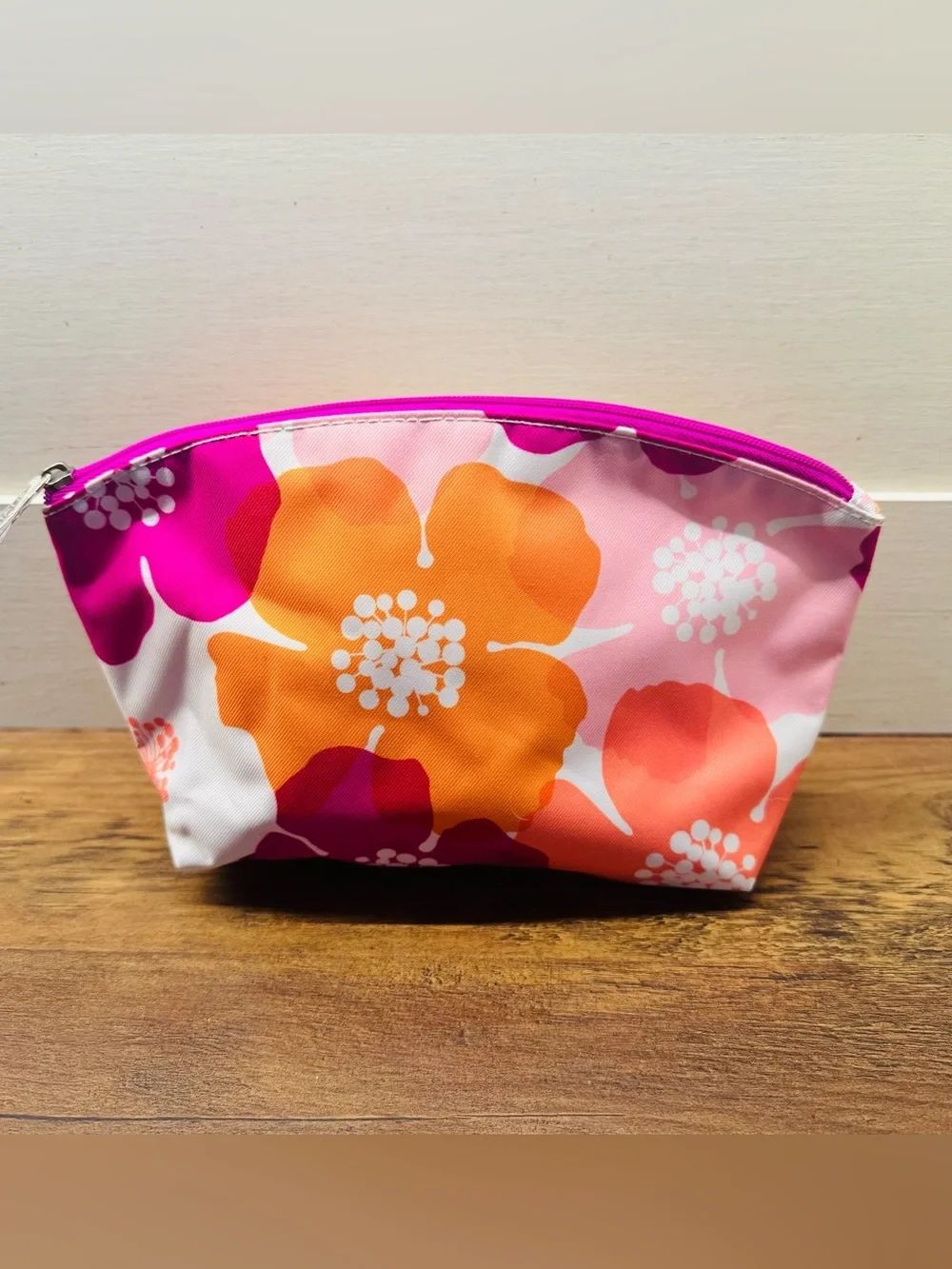 Clinique Floral Cosmetic Makeup Bag Pink Orange Magenta Zip Pouch Travel