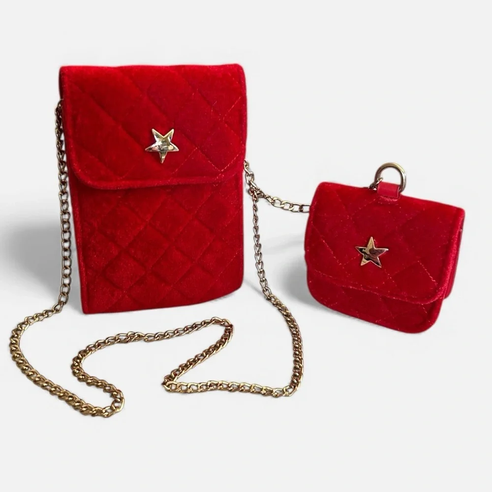 Red Velveteen Mini Purse Set Phone and Coin Case and Chain by Original Marines