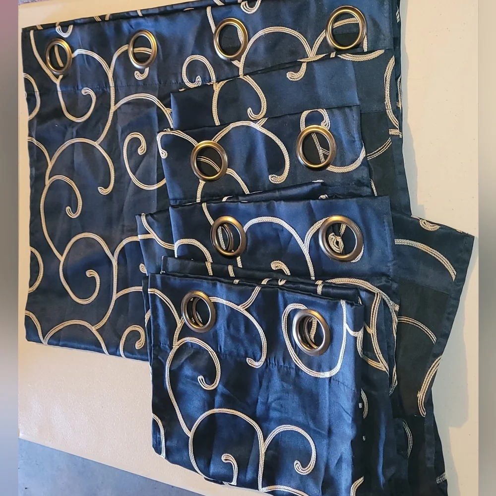 4 Navy Blue Satin Curtain Panels with Cream White Swirl Design, 26×84
