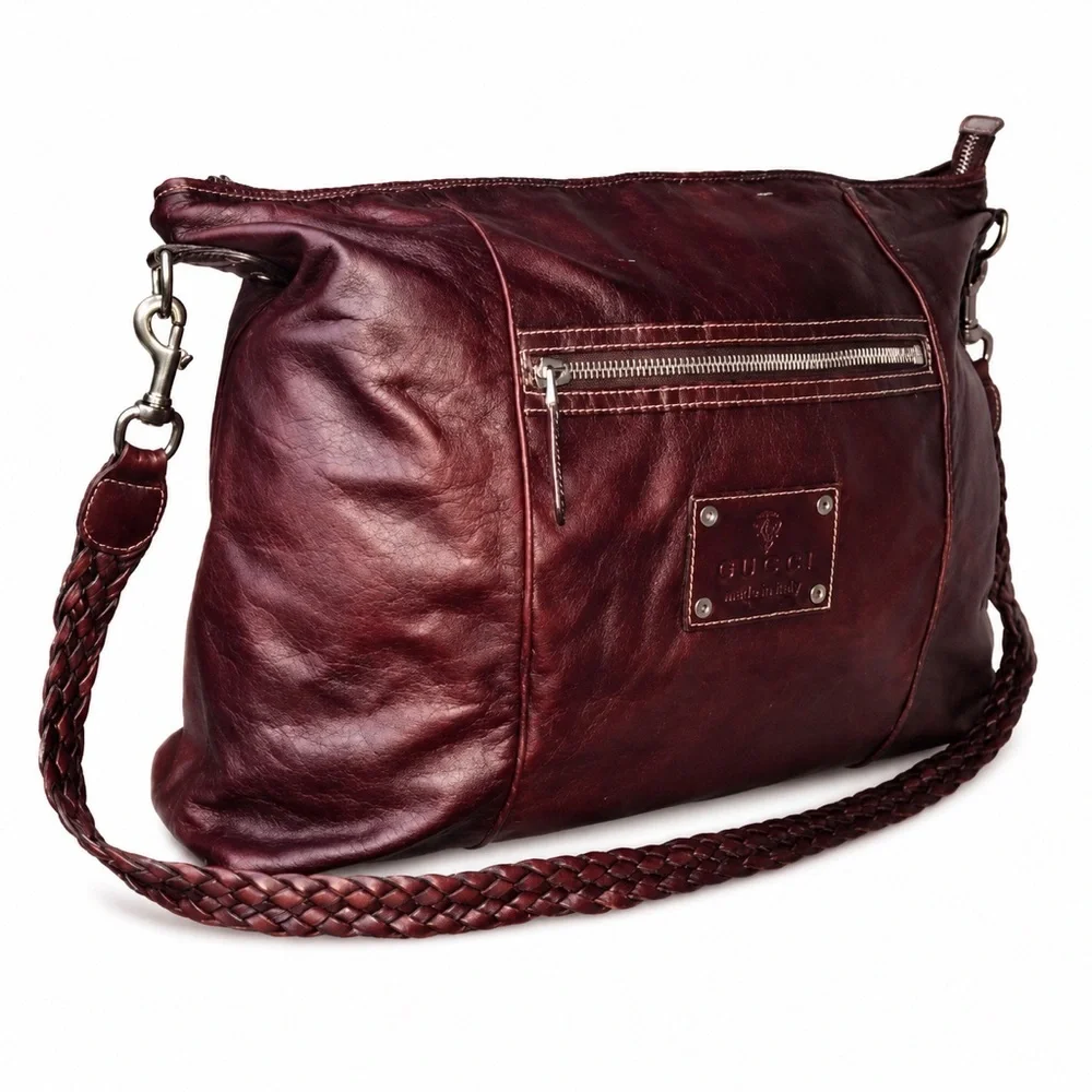 GUCCI Supreme Wine Leather Oversized Messenger Top Zip Bag With: DUST BAG