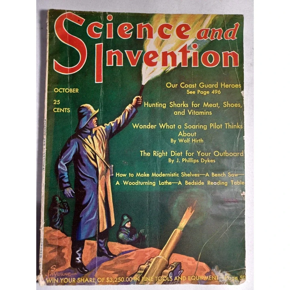 Vintage 1930 Science And Invention Magazine Oct Coast Guard‎ Sharks Color Cover