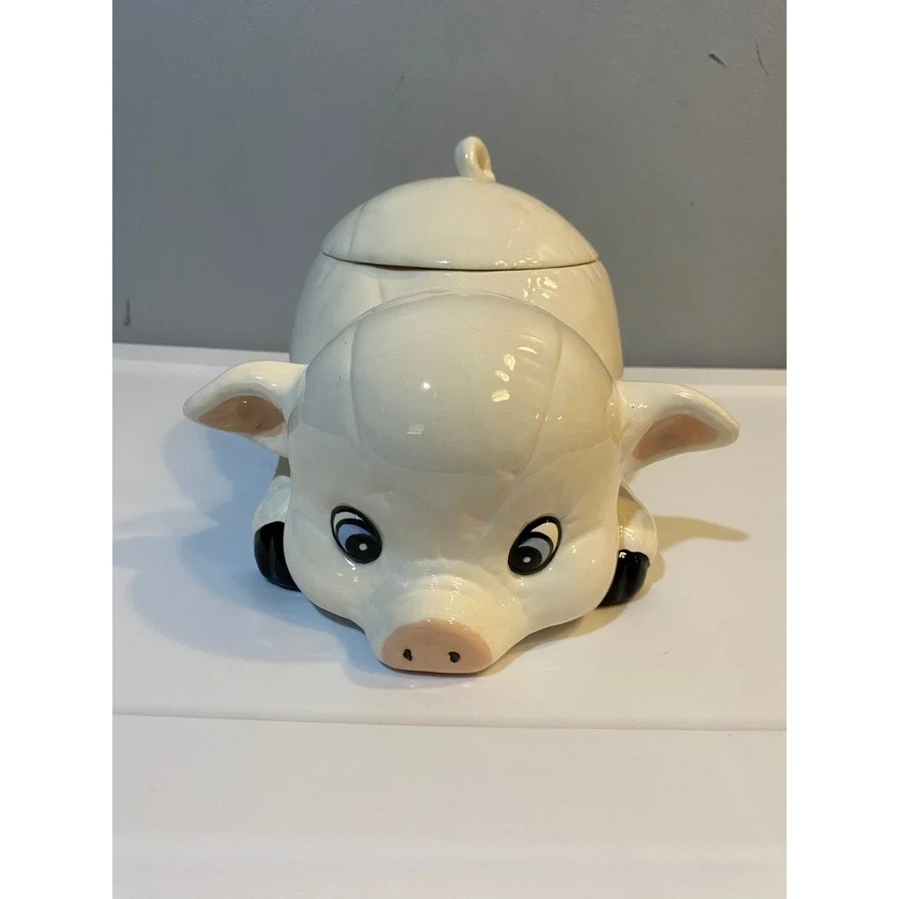 Vintage Ceramic Pig Cookie Jar Reclining Farmhouse Kitchen Canister‎