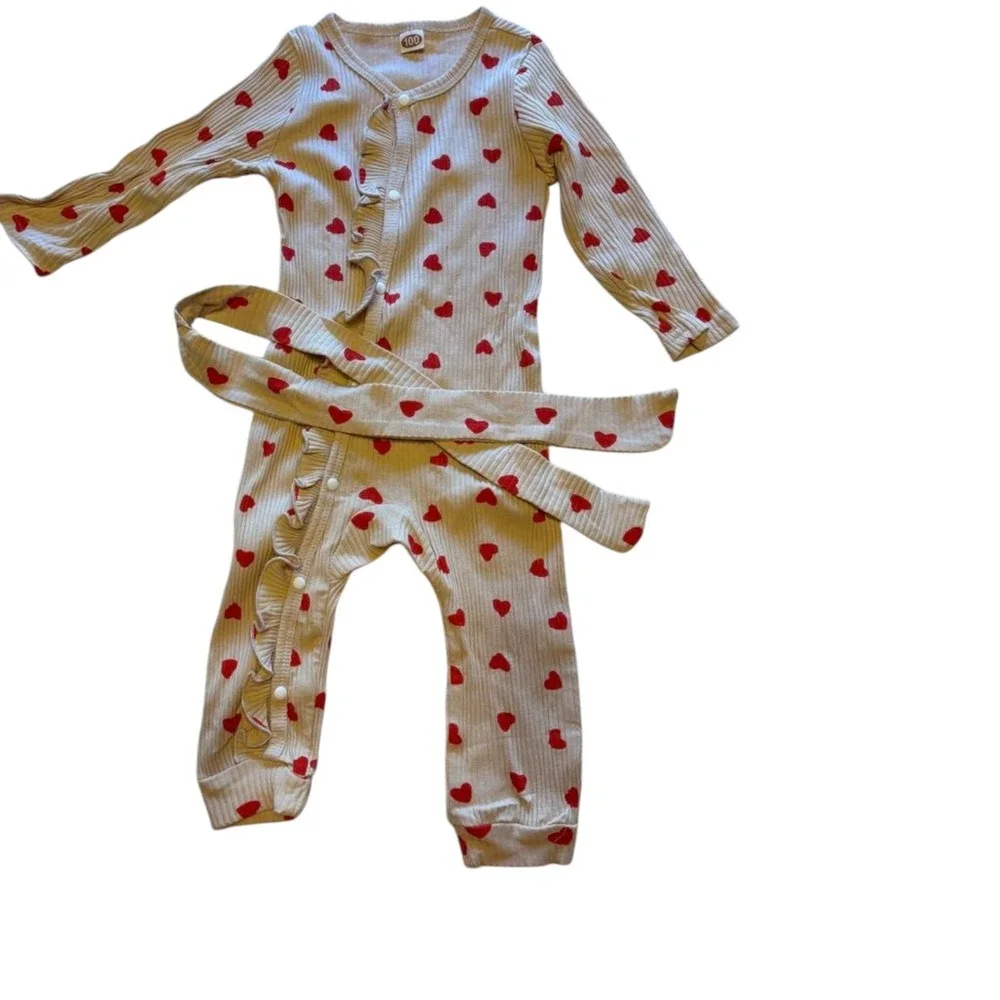 Heart Print Ruffle Romper with Belt, Long Sleeve,‎ Valentine's Day Outfit, 100