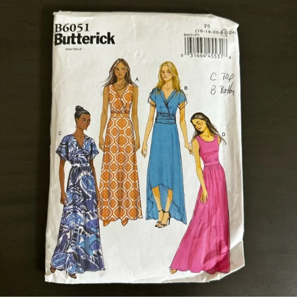 Butterick Sewing Pattern Maxi Short Sleeve High Low Dress Four Styles Size Talle
