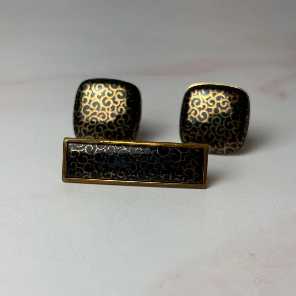 Vintage Evans Gold Black Enamel Scroll Cufflinks and Tie‎ Clip Set Mens Formal