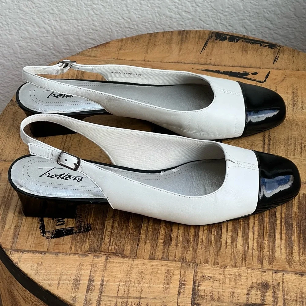 Trotters Leather Two Tone Slingback Kitten Heels Black White 10.5 N