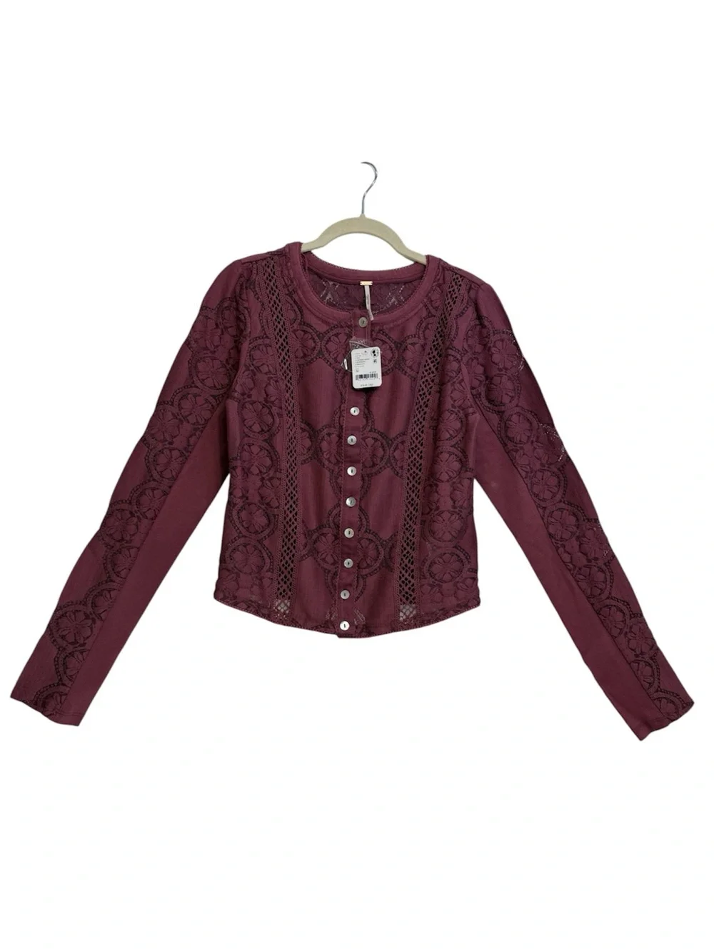 Free People Women's Button-Front Long-Sleeve Lace Top, Size MEDIUM