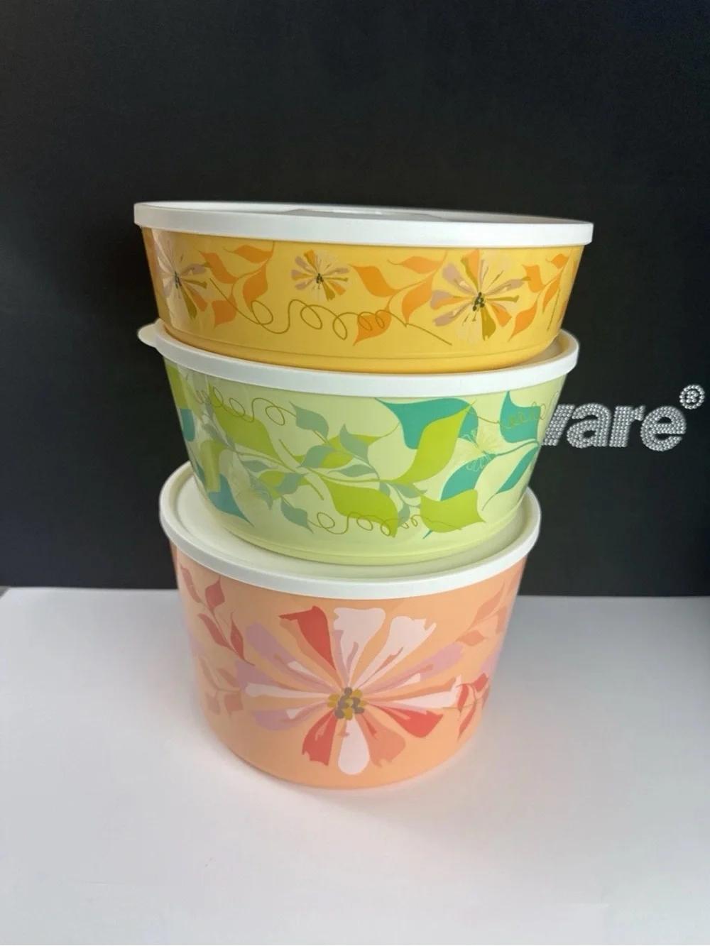 Tupperware Click Stack Illumina Floral Mega Bowl Set 28 Cup 18 Cup 10.5 Cup NEW