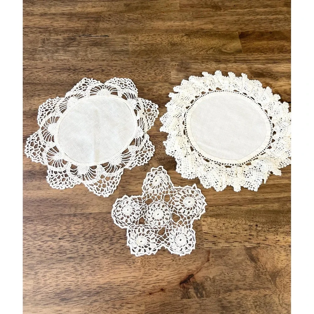 Three vintage lace doilies linen crochet off white cottagecore grandmacore