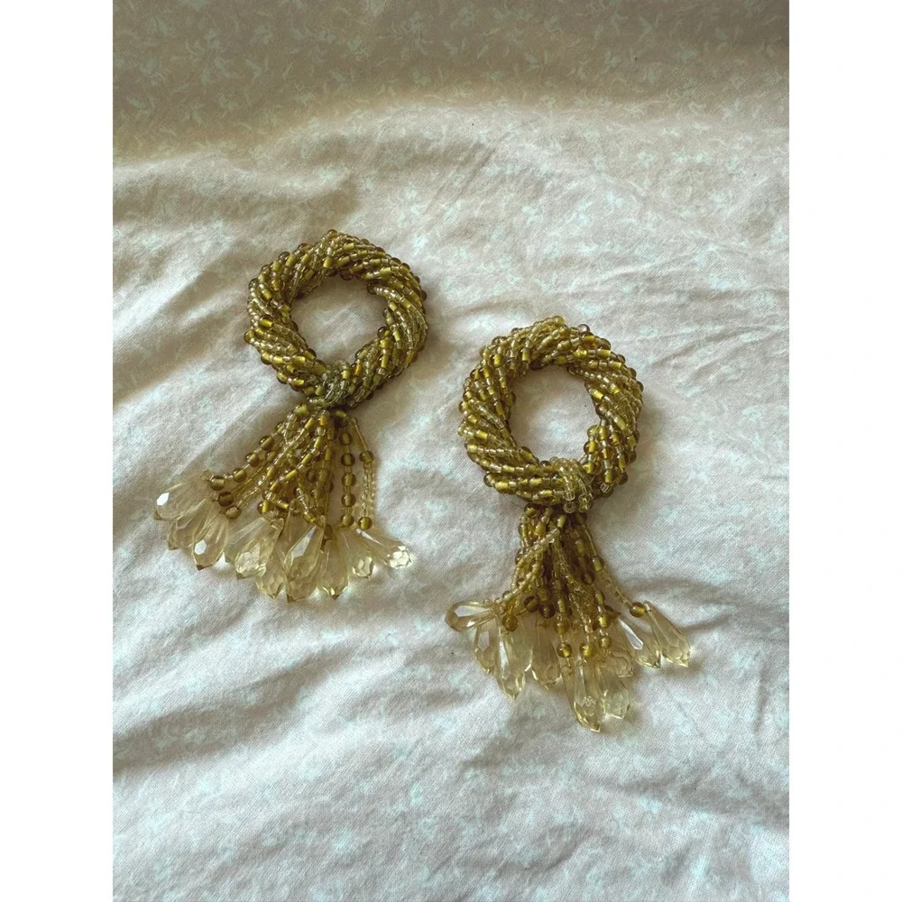 Vintage Amber Gold Beaded Napkin Rings Set Boho Thanksgiving Wedding Decor Glam