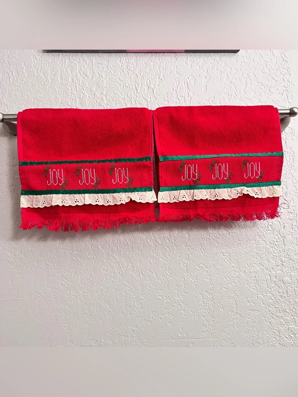 Vintage Christmas JOY Hand Towels Set Red Holiday Decor
