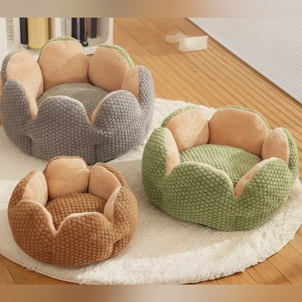 Fuzzy Raised Petal Scallop Plush Pet Bed Cat Small Dog Animal Home Lounge MEDIUM