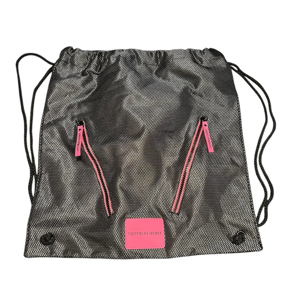 Victoria's Secret Black and Pink Drawstring Bag