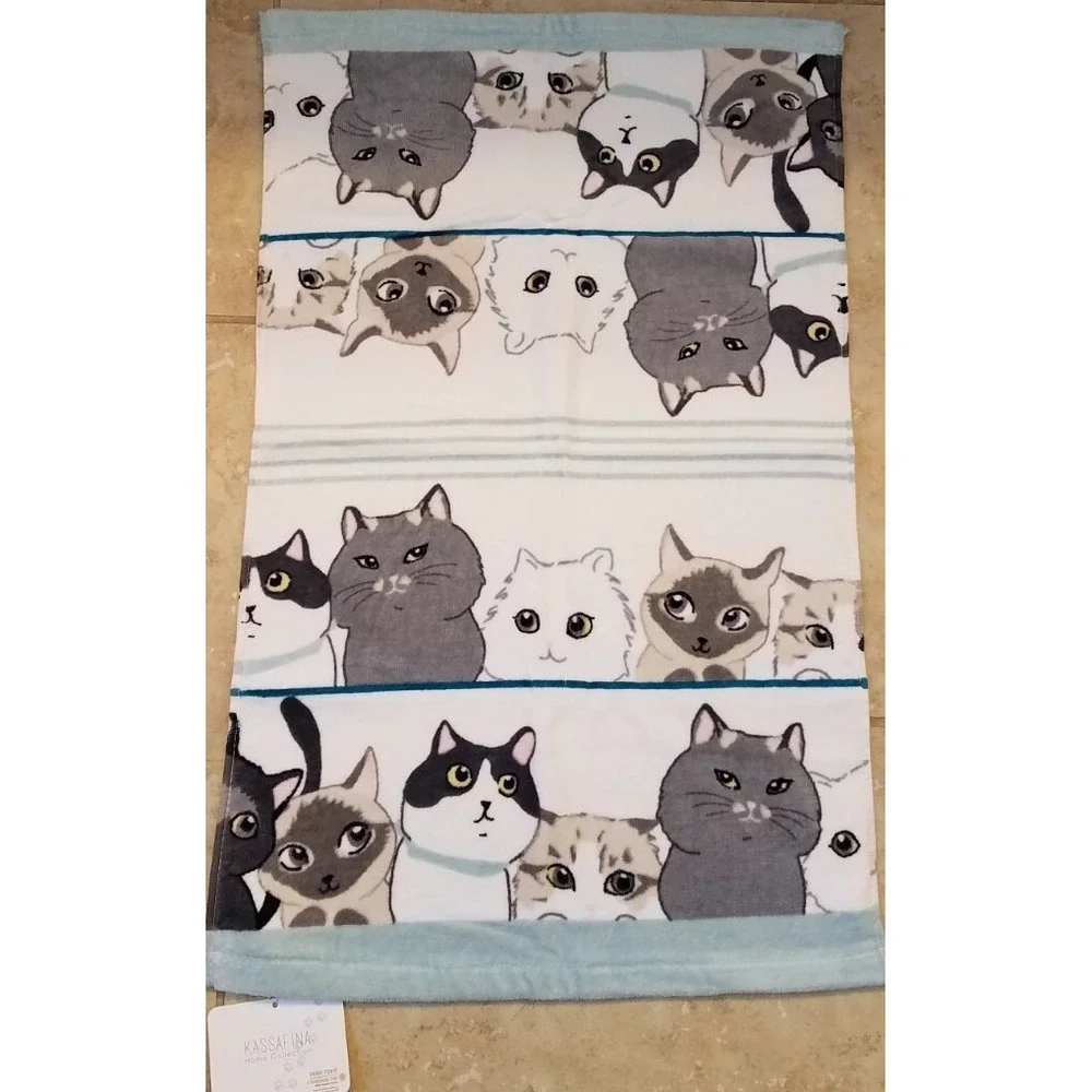 Kassafina Hand Towel 16x26 Cats Faces Lt Blue‎ NEW