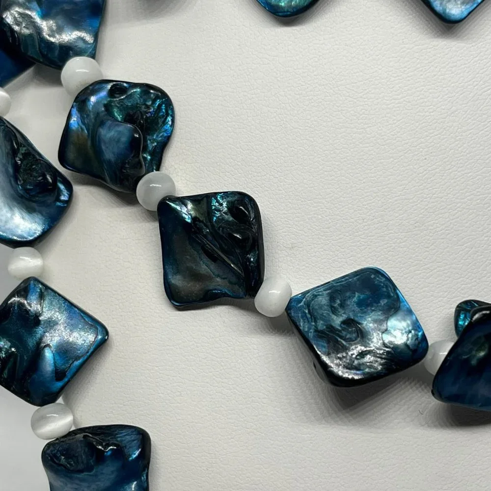 Teng Yue Fresh Water‎ Pearls Blue Mother of Pearl 3 Layer Silver Tone Necklace