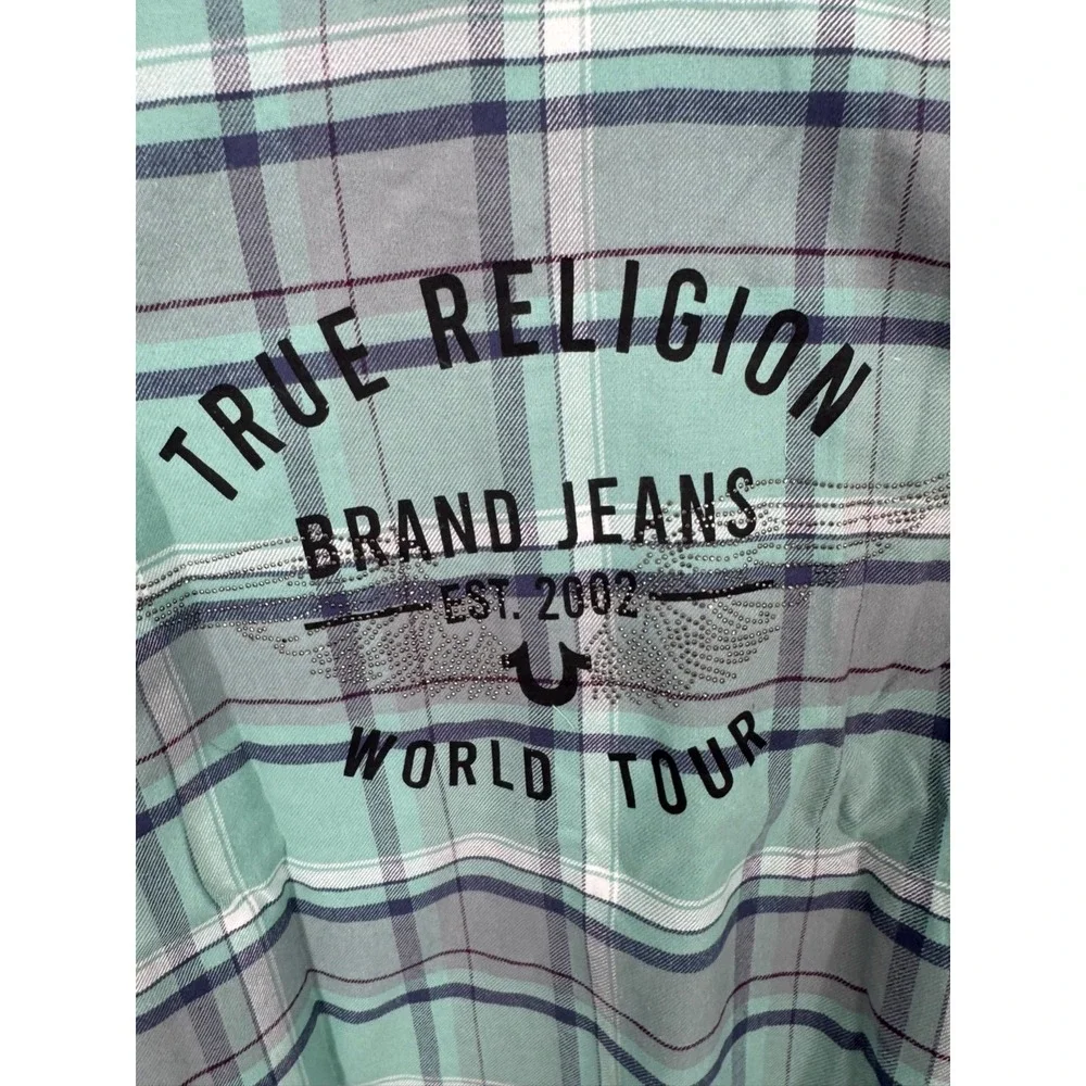 NWT True‎ Religion Western Plaid Flannel Shirt Men's Large Teal Grey Long Sleeve