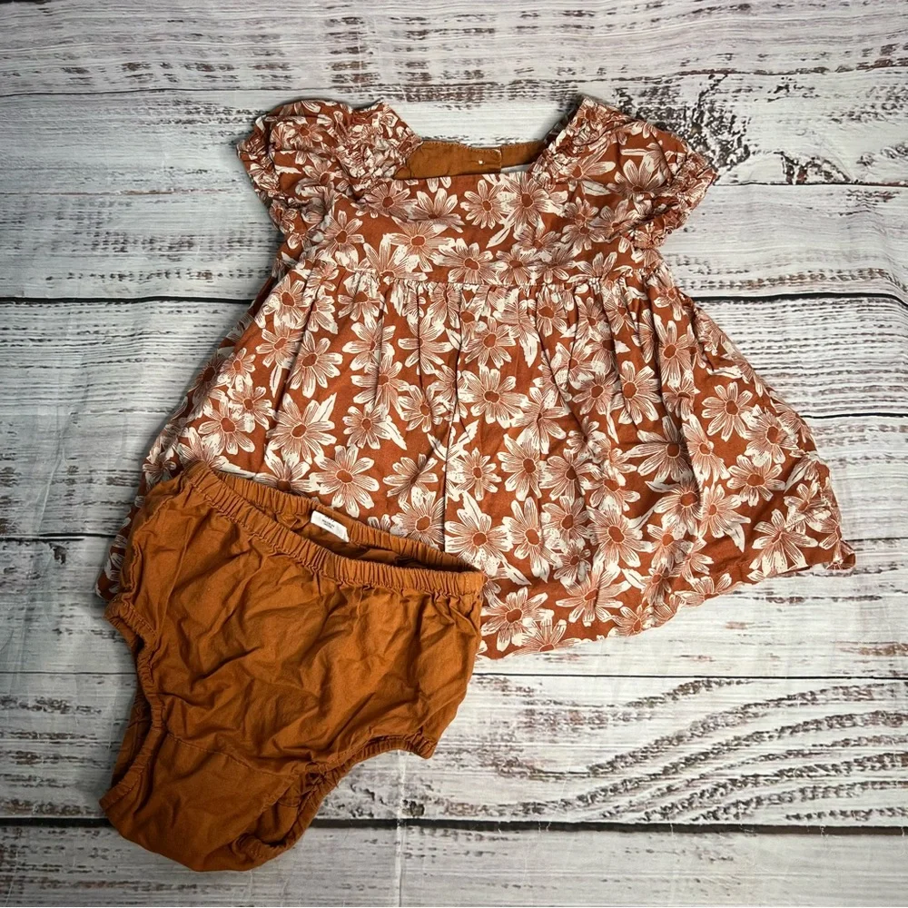 Baby Gap 3-6 Months Brown Floral Baby Puff Sleeve Babydoll Dress 2 Piece Set‎