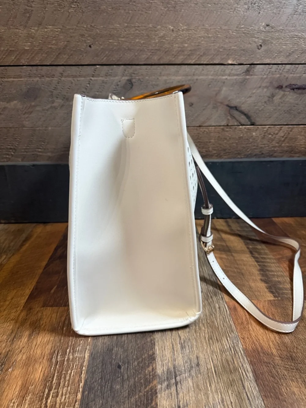 Anne Klein Perforated Tote White w/Tortoise Acrylic Handles Gold Hardware