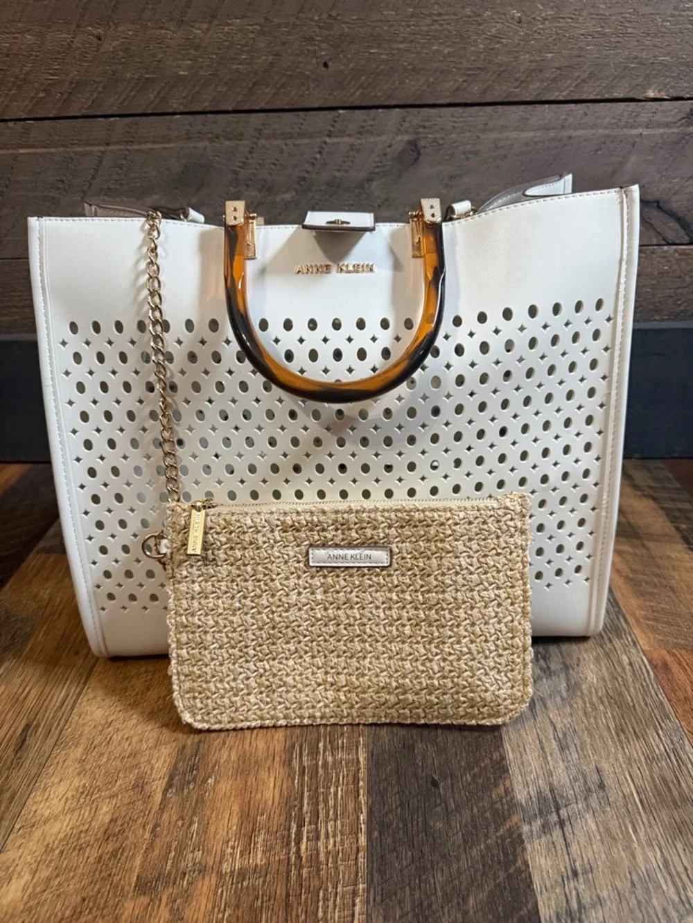 Anne Klein Perforated Tote White w/Tortoise Acrylic Handles Gold Hardware