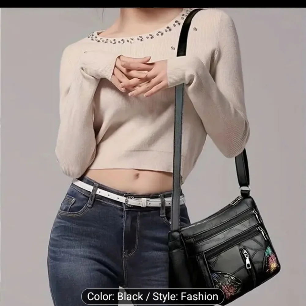 Black Leather Handbag CrossBody‎ Bag Hand Painted Black Shoulder New Z6