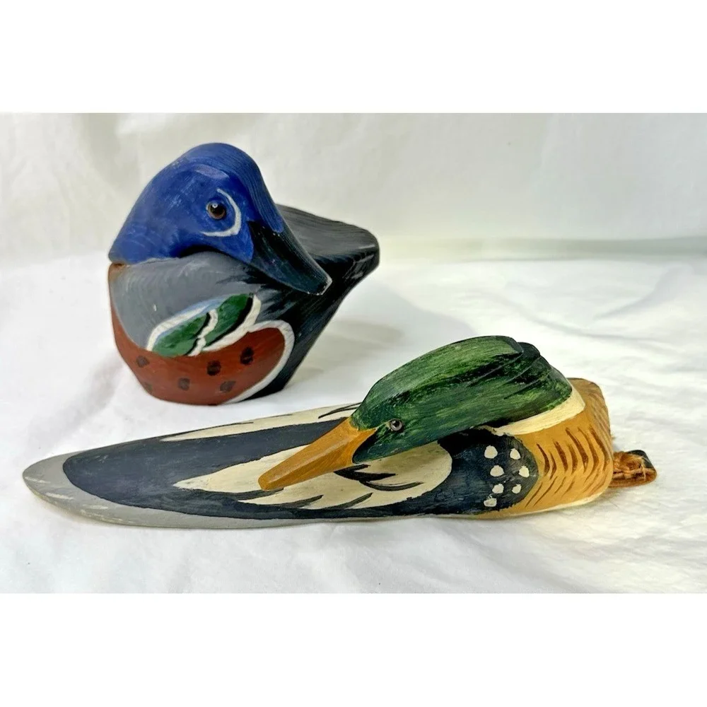 Jim Gibbs Wood Carved Ducks Painted Set 2 Decoy Decor Hanging Folkart 1980s