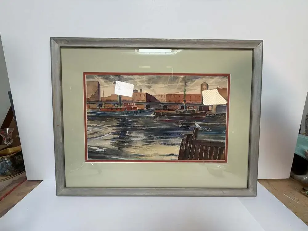 Vintage Watercolor Painting Bridgeport Harbor by Henry E. Walsh