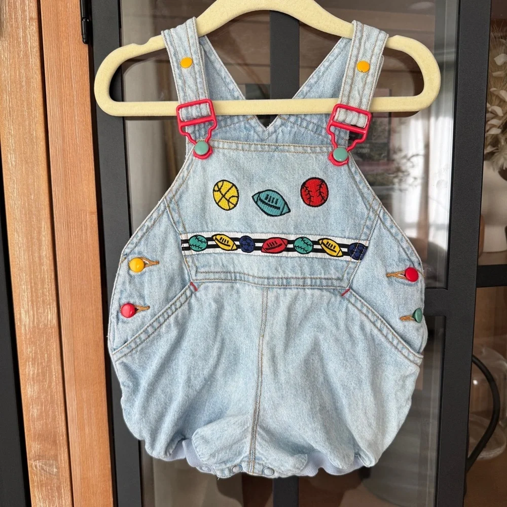 Vintage 90s Gymboree overalls denim embroidered football baseball colorful baby
