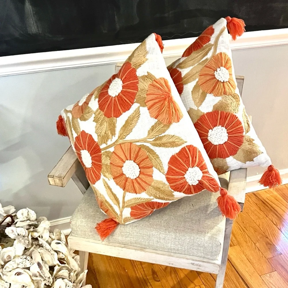 Crewel Terracotta Stunning Embroidery Pillow,Sun-Coral, Boho,l Cushion, Size 18”