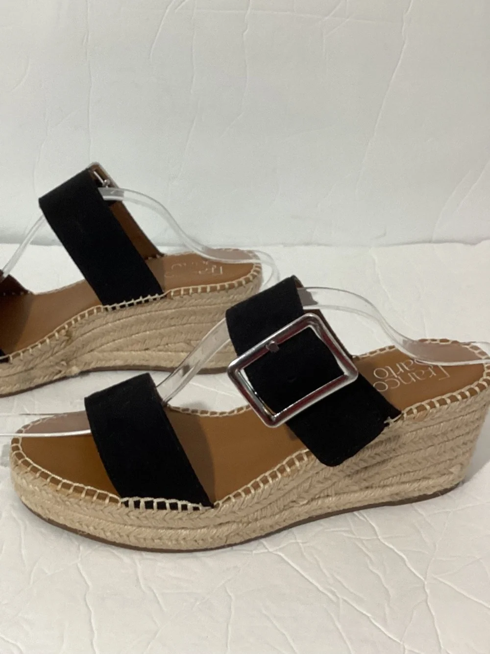 FRANCO SARTO SIZE 10M COASTAL 2 BLACK SUEDE ESPADRILLE PLATFORM WEDGE SANDALS