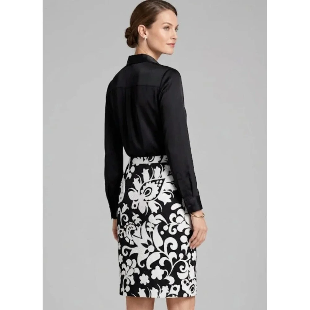 99 TALBOTS Black White Bold Flower Paisley Pencil Skirt Sz 4 Office Zip Lined 45