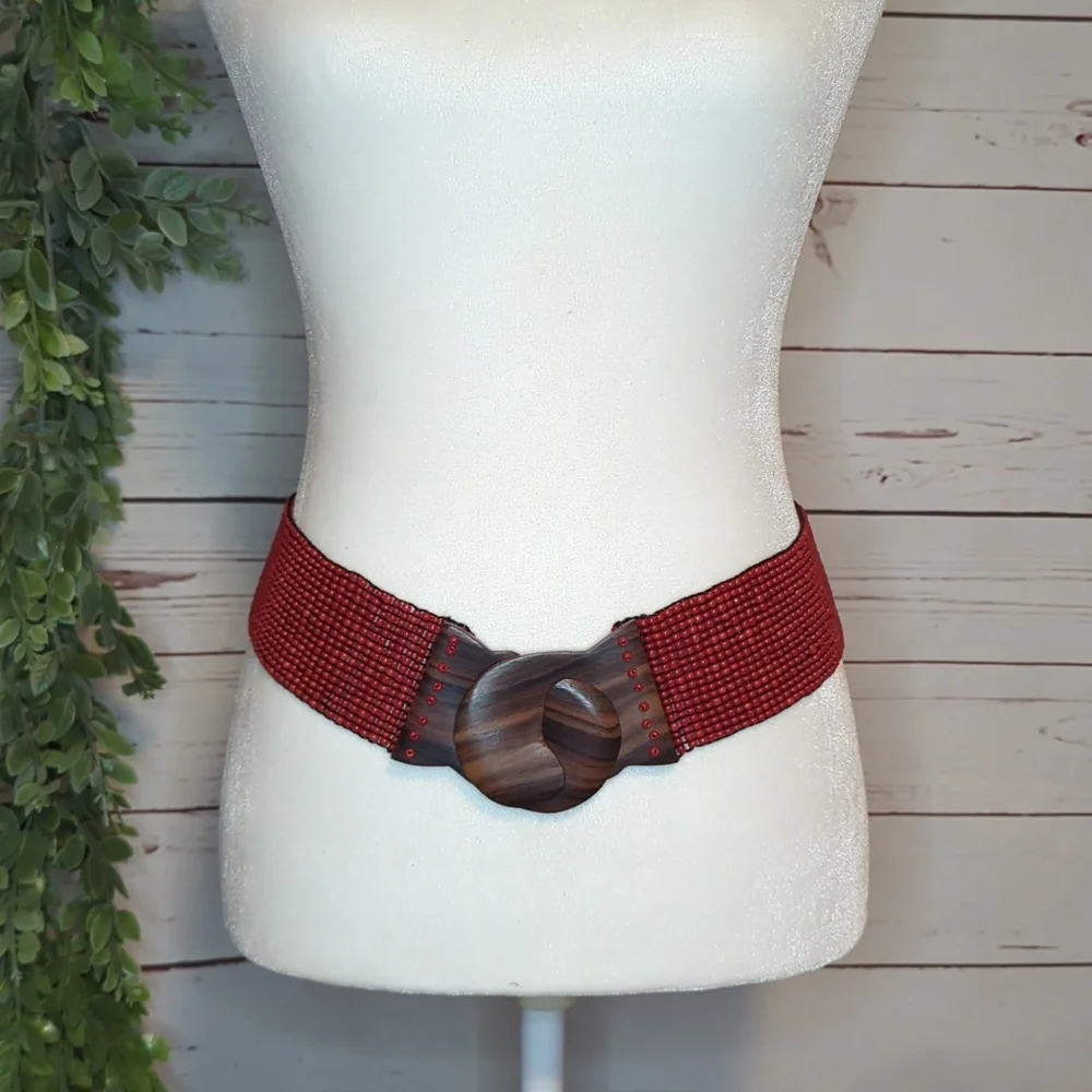 Vtg Glass Bead Wood Stretchy Elastic Belt Burnt Orange‎ Belt Women OS Bohemian