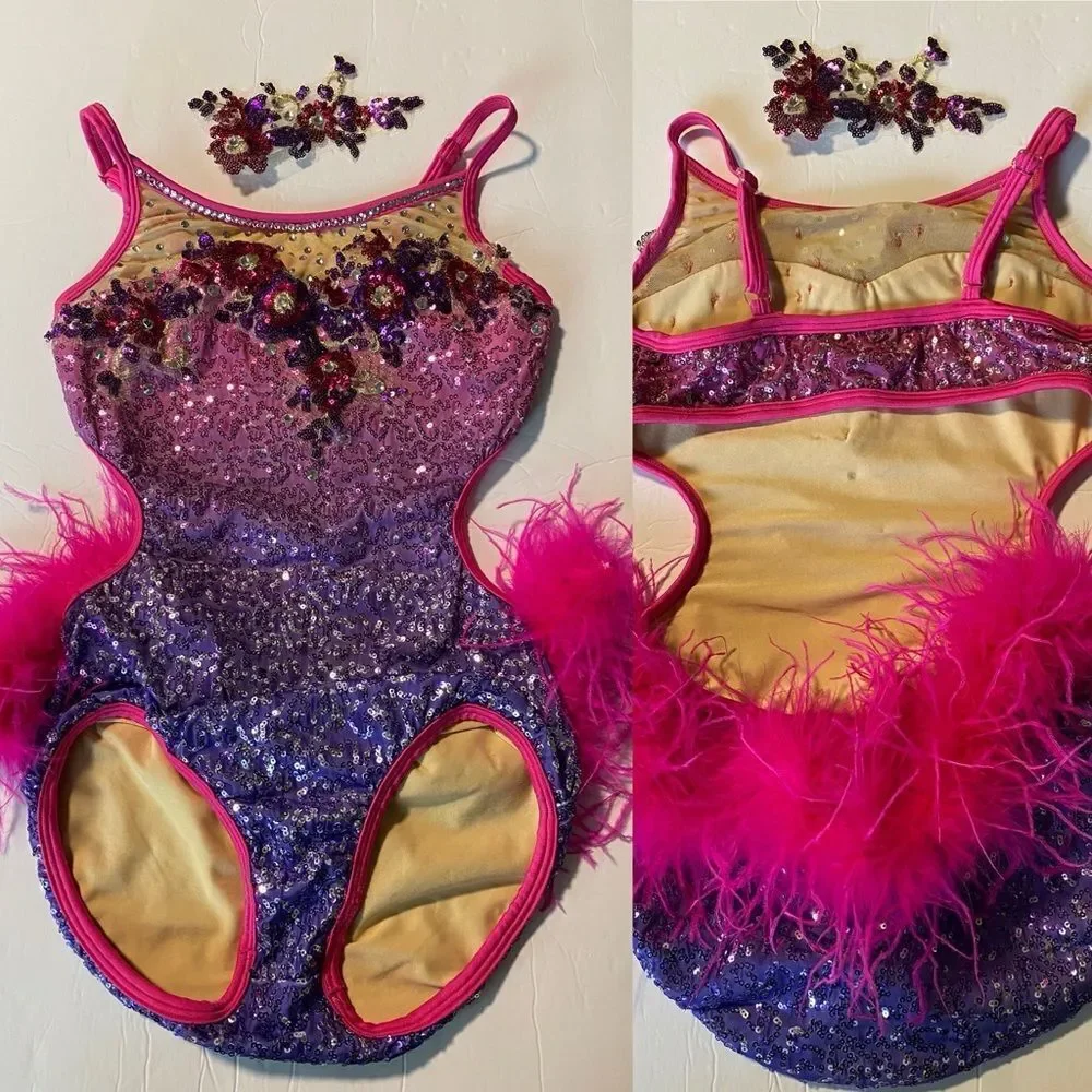Glamour solo dance costume purple pink feather rhinestone jazz LC-large child