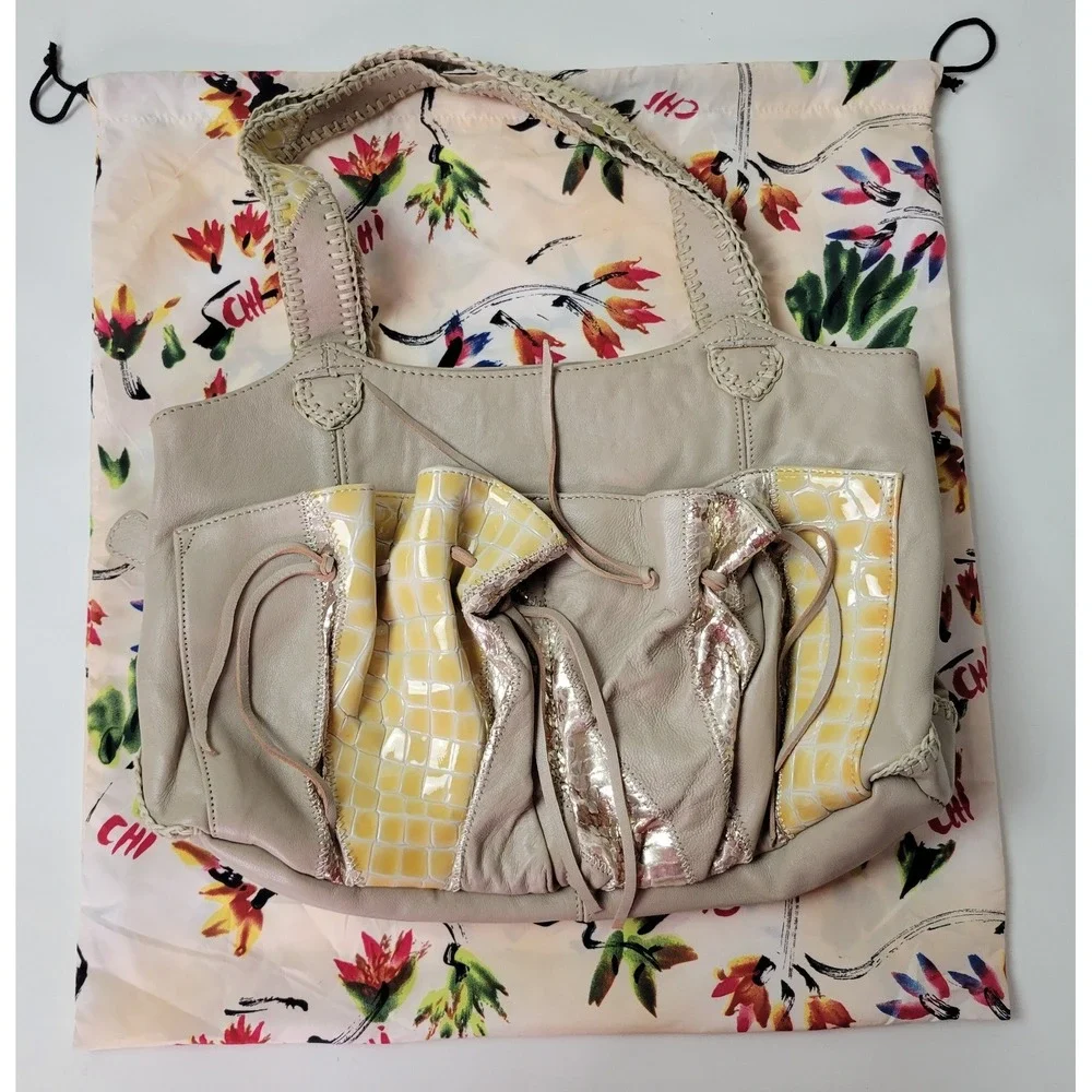Chi‎ Snake Collage Satchel Bag Taupe Leather Patent Whipstitch Shoulder Bag