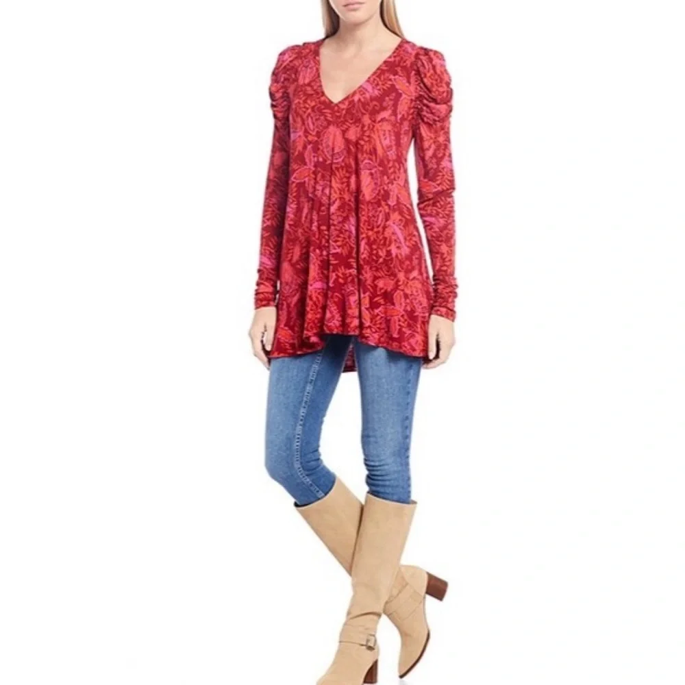 BOHO FREE PEOPLE HELLO LOVER V-NECK PUFF SLEEVE TUNIC DRESS FLOWY SILHOUETTE EUC