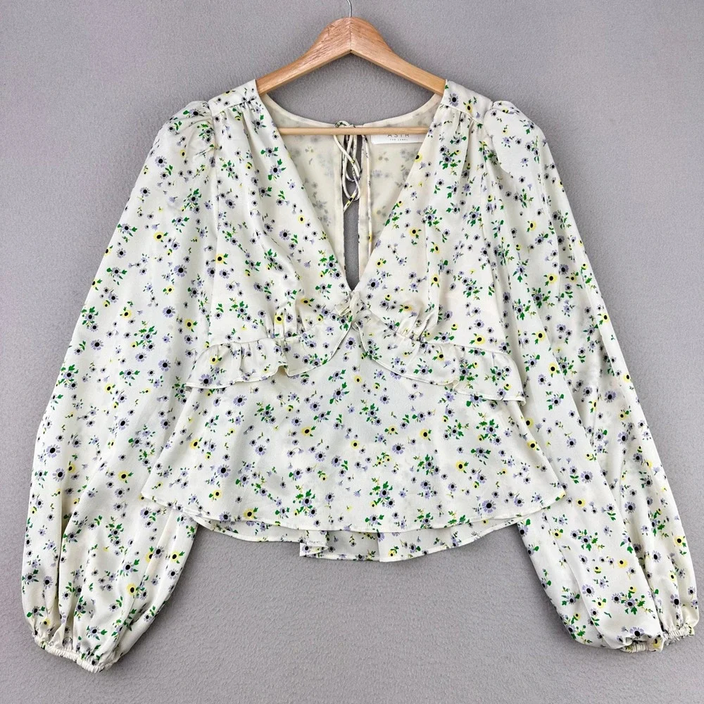 ASTR‎ The Label Blouse Womens L Cream Floral Satin Puff Sleeve Cottagecore