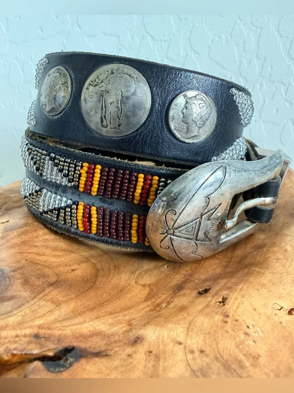 Vintage Southwestern Americana Silver Coinage Beadwork Old Pawn Leather Belt