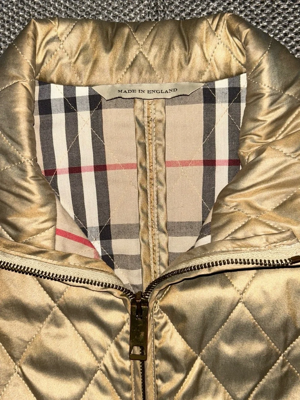 Burberry Quilted Metallic Gold Full Zip Jacket with Plaid Lining