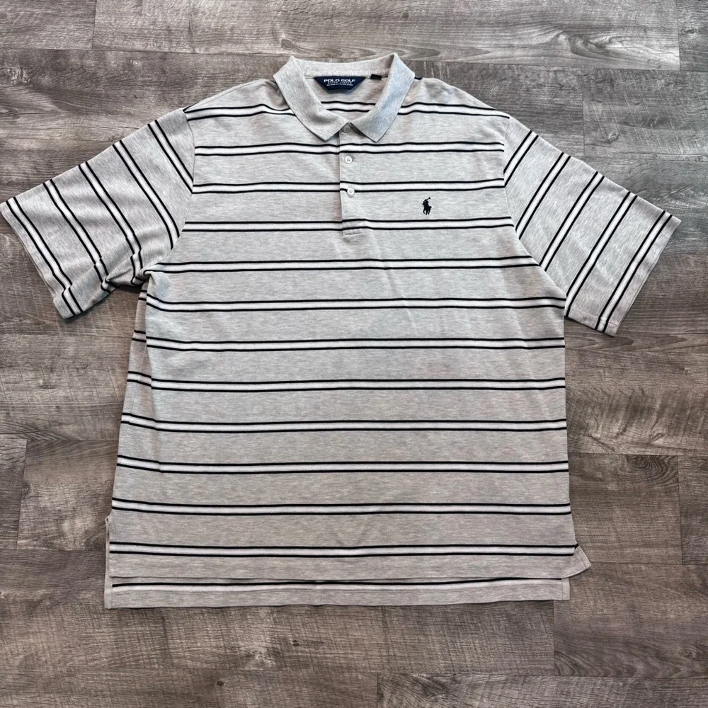 Polo Golf Ralph Lauren Gray Black White Stripe Short Sleeve Polo Shirt Mens XL