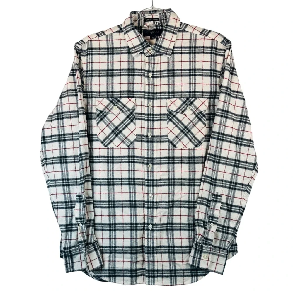 Banana Republic Mens S White‎ Black Red Plaid Flannel Shirt Standard Long Sleeve