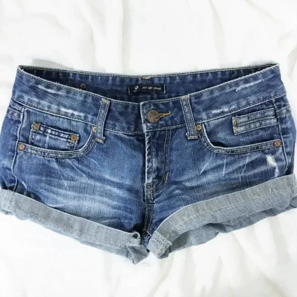 Jet Set Denim Short Shorts Blue Distressed Size 5
