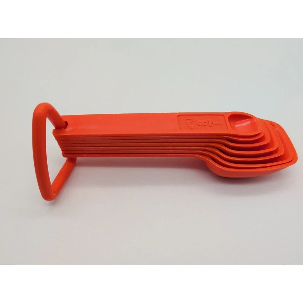 Vintage Tupperware Measuring Spoons Set Of 7 w/D Ring Orange Retro