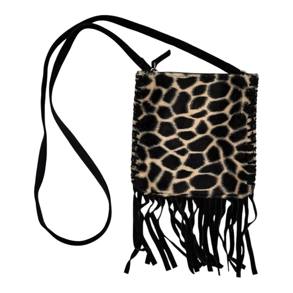Fossil Crossbody Purse Black Suede Animal Print Fringe‎ Inside Zipper Pocket