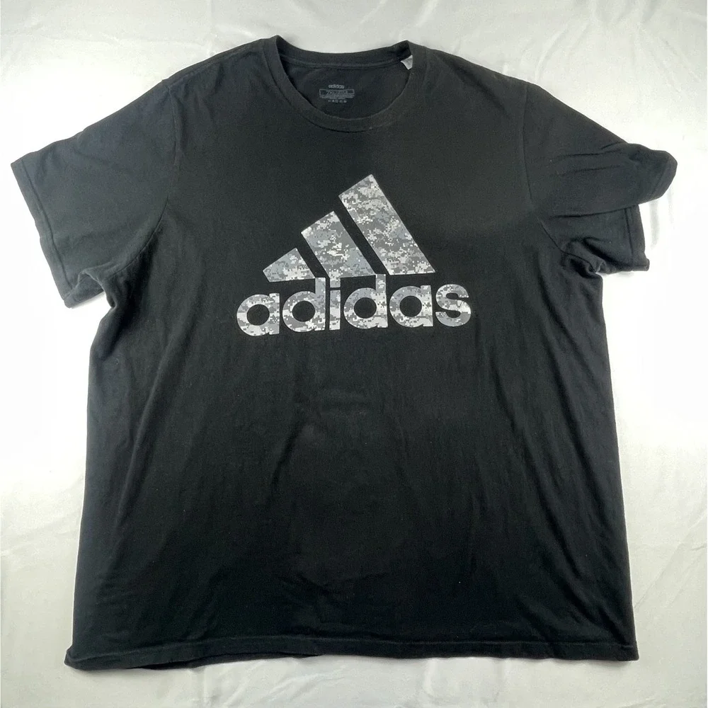ADIDAS‎ T SHIRT MENS 2XL BLACK CAMO LOGO TEE SHORT SLEEVE ATHLETIC CASUAL