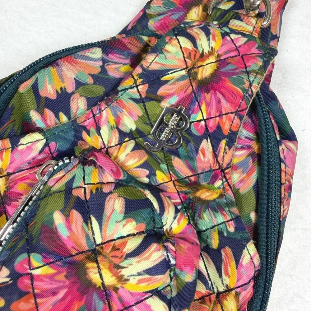 Bella Taylor Floral Quilted Sling Bag Crossbody Backpack Navy Pink Daisy