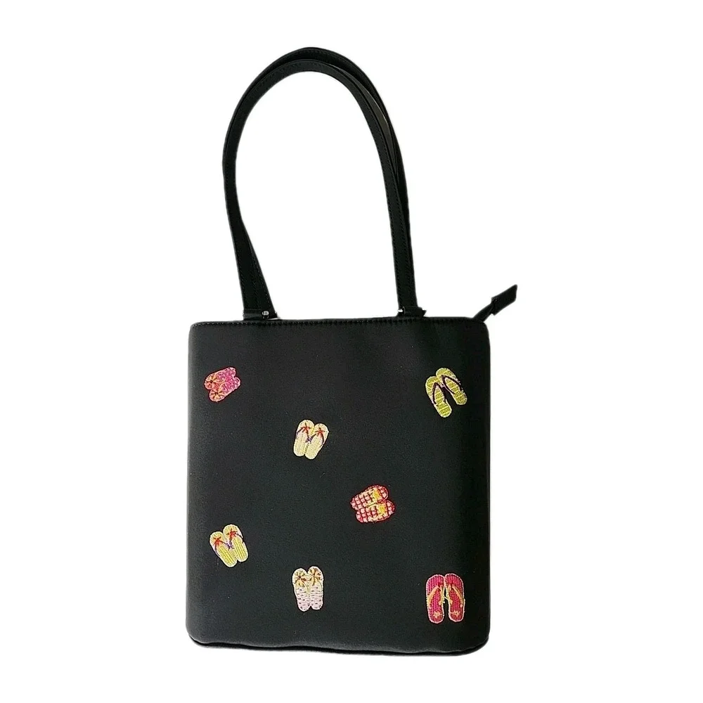 Sandol Living Fashion Handbag Black Fabric w/Embroidered Colorful Flip Flops EUC