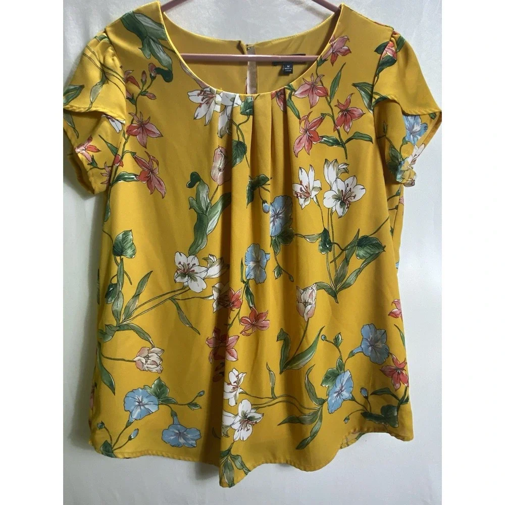 AUW Top Women Med Short Sleeve Yellow Floral Keyhole Button Business‎