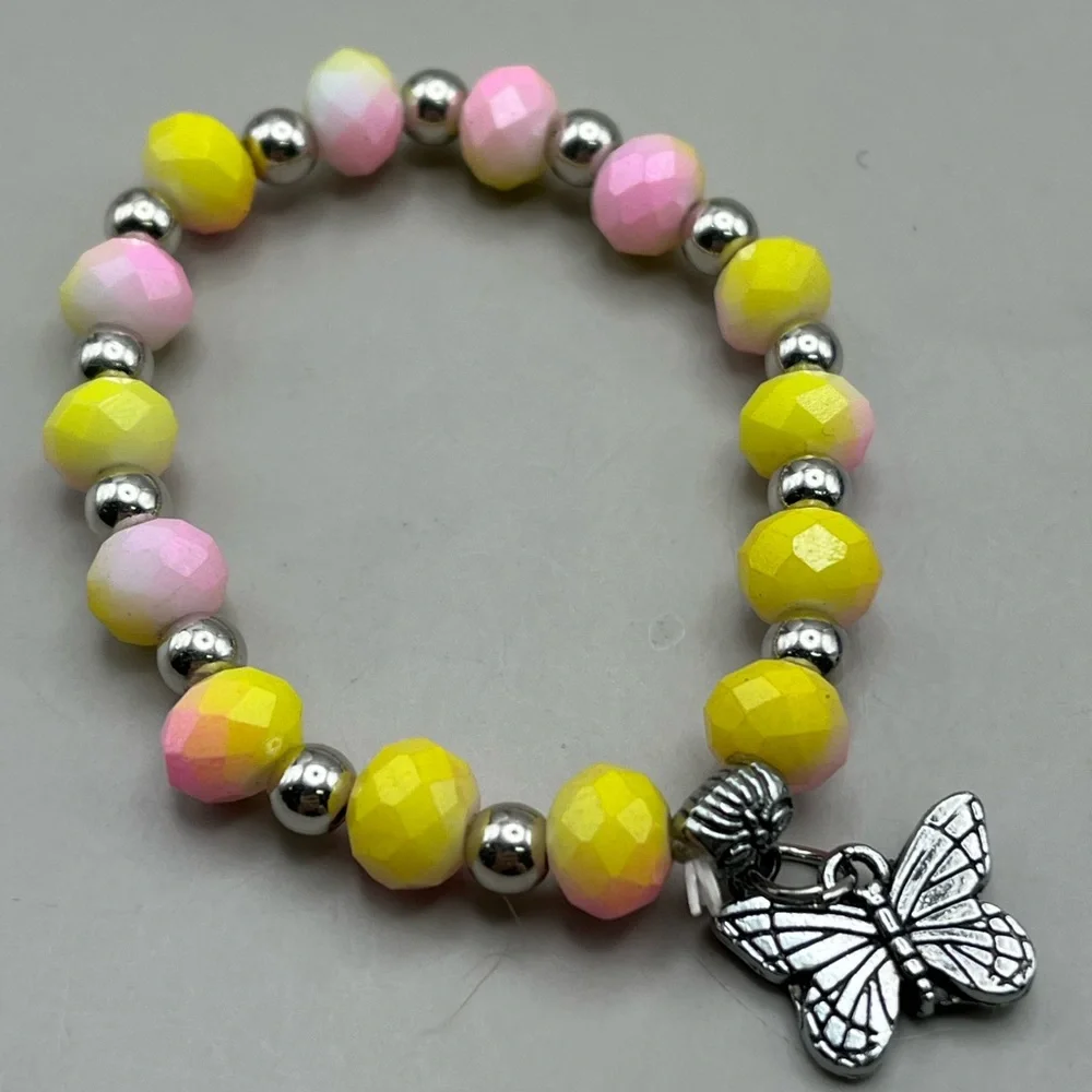 Yellow and Pink Beaded Bracelet with Butterfly Charm