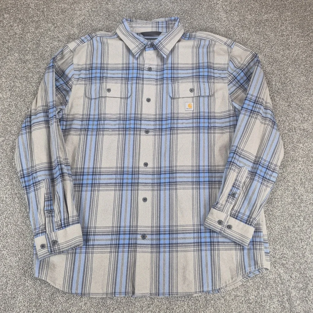 Carhartt Heavyweight Flannel Shirt Mens XL Gray‎ Blue Plaid Loose Fit Cotton