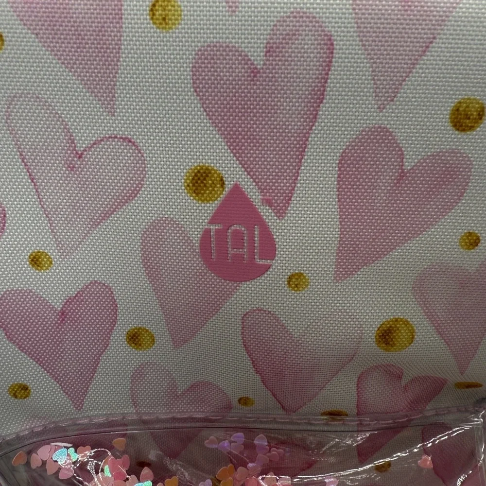 TAL Kids Insulated Lunch Bag Pink Hearts Gold Polka Dot Sequin Shaker Pocket NEW