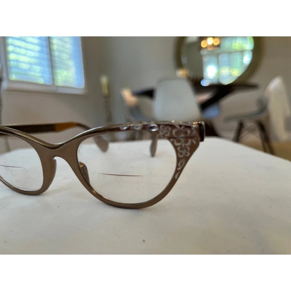 Vintage Tura Inc Bronze Floral Engraved Cat Eye Glasses Frames Mid Century 1950s
